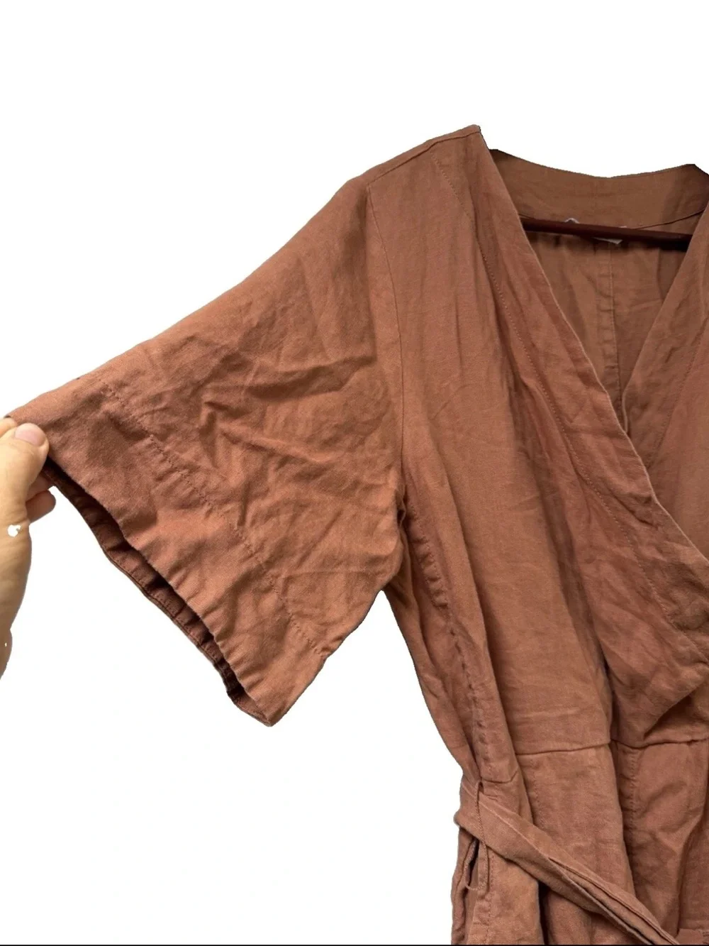 Everlane European Flax Linen Wide Leg Wrap Clay Brown Belted Jumpsuit 10 Summer